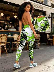 Best-selling blue-green multicoloured printed quirky casual trousers for women; cool summer wear with high elasticity, high waist and tummy-slimming design; stylish high-waisted stretch leggings for outdoor sports and exercise; Graphic Print Leggings