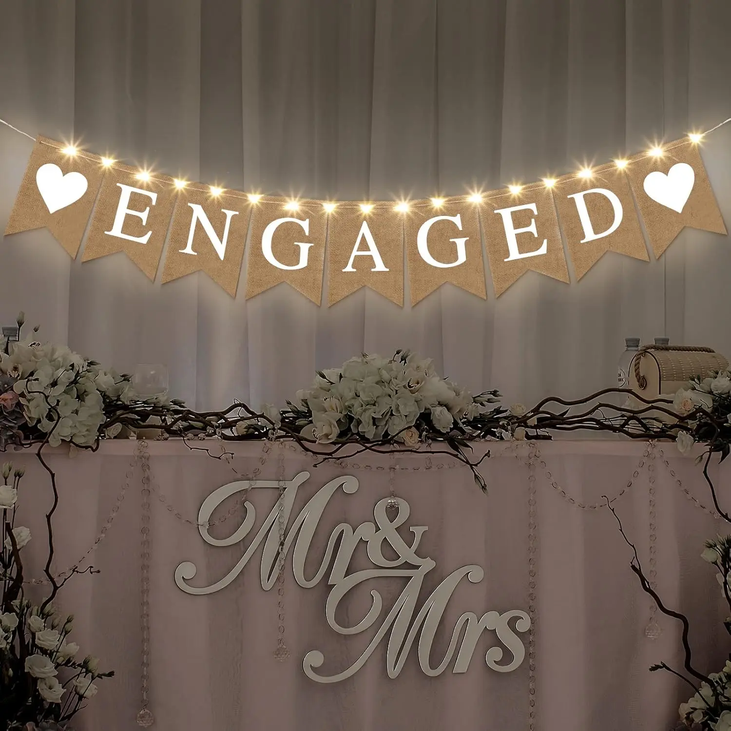 Engagement Party Decorations Banner with LED Fairy Lights for Engaged Party | Just Engaged Decor,  Operated, Engagement Wedding Garland, Rustic Burlap Letters