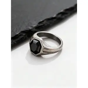 Hexagon Black Zircon Ring for Men, Stainless Steel Antique Silver Color Geometric Band,Punk Statement Jewelry Gift