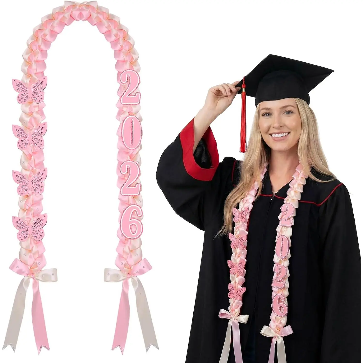 13 Pcs Coquette Graduation Leis and Cords Set 59 Inch Pink Ribbon Lei with Butterfly&Patches for 2026 Graduation Giftfidget toys