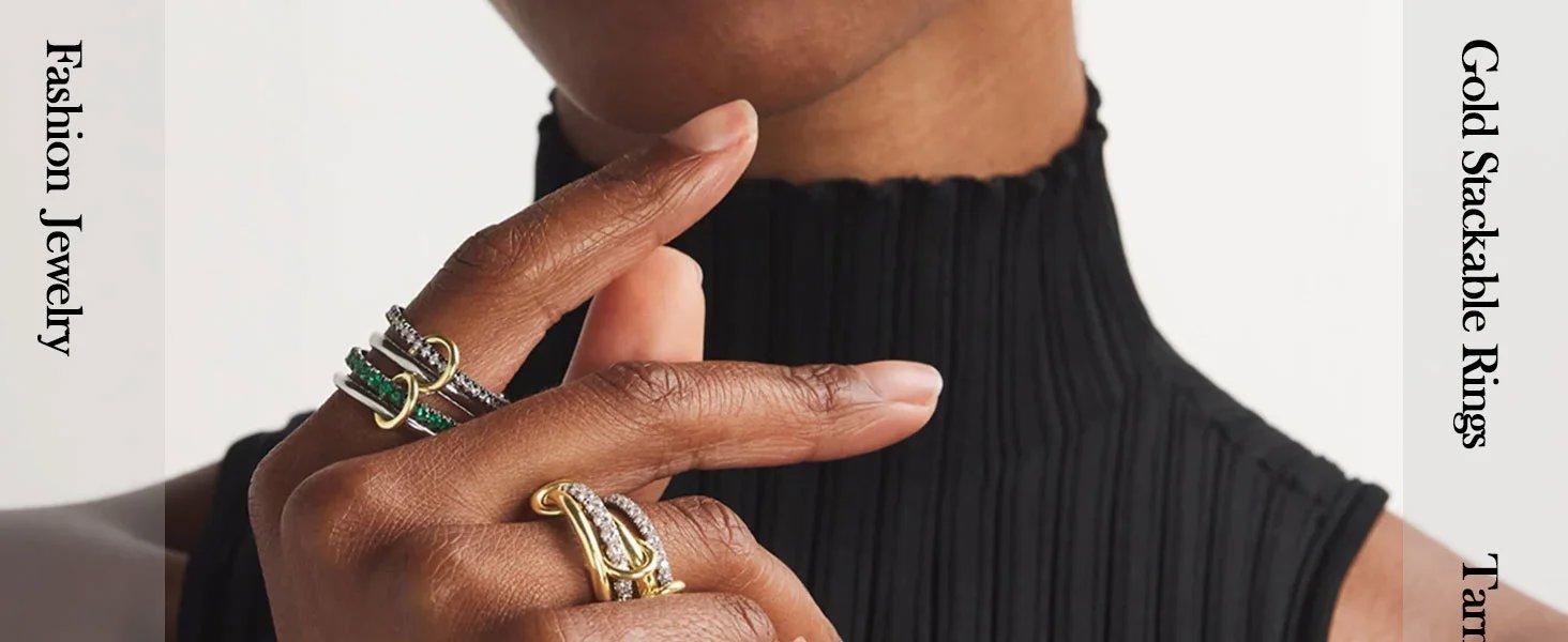 Gold Silver Stackable Rings for Women Non Tarnish 18K Gold Plated Interlocking Ring Stack Set Mixed Metals Statement Rings Dainty Cubic Zirconia CZ Trendy Fashion Chunky Connected Band Thumb Ring Size 4 5 6 7 8 9 10 11 Gold Silver Jewelry Gift for Wom