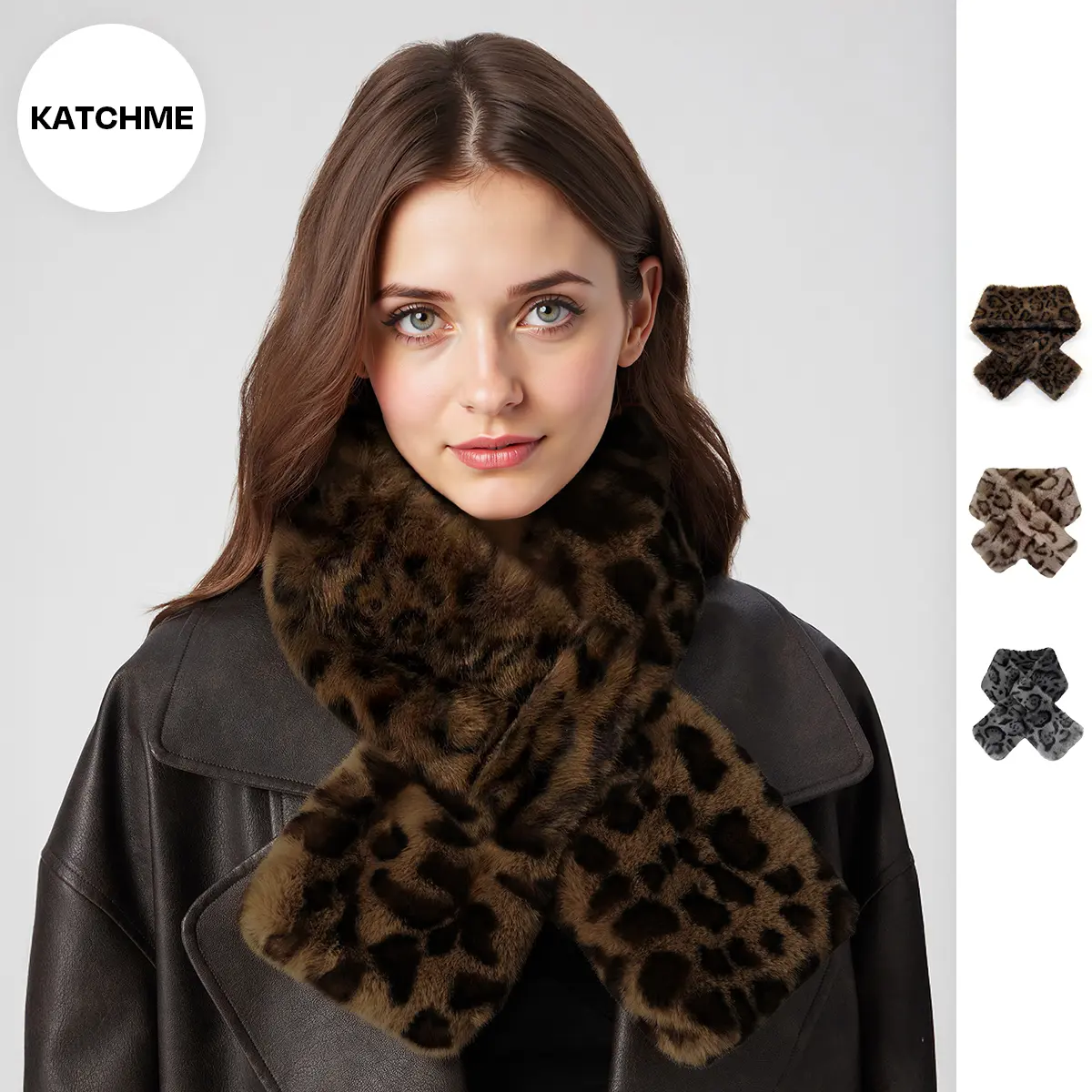 KatchMe Women's Versatile Faux Fur Leopard Print Soft Scarf, Elegant Windproof Plush Scarf for Fall & Winter, Vintage Thicken Neck Warmer
