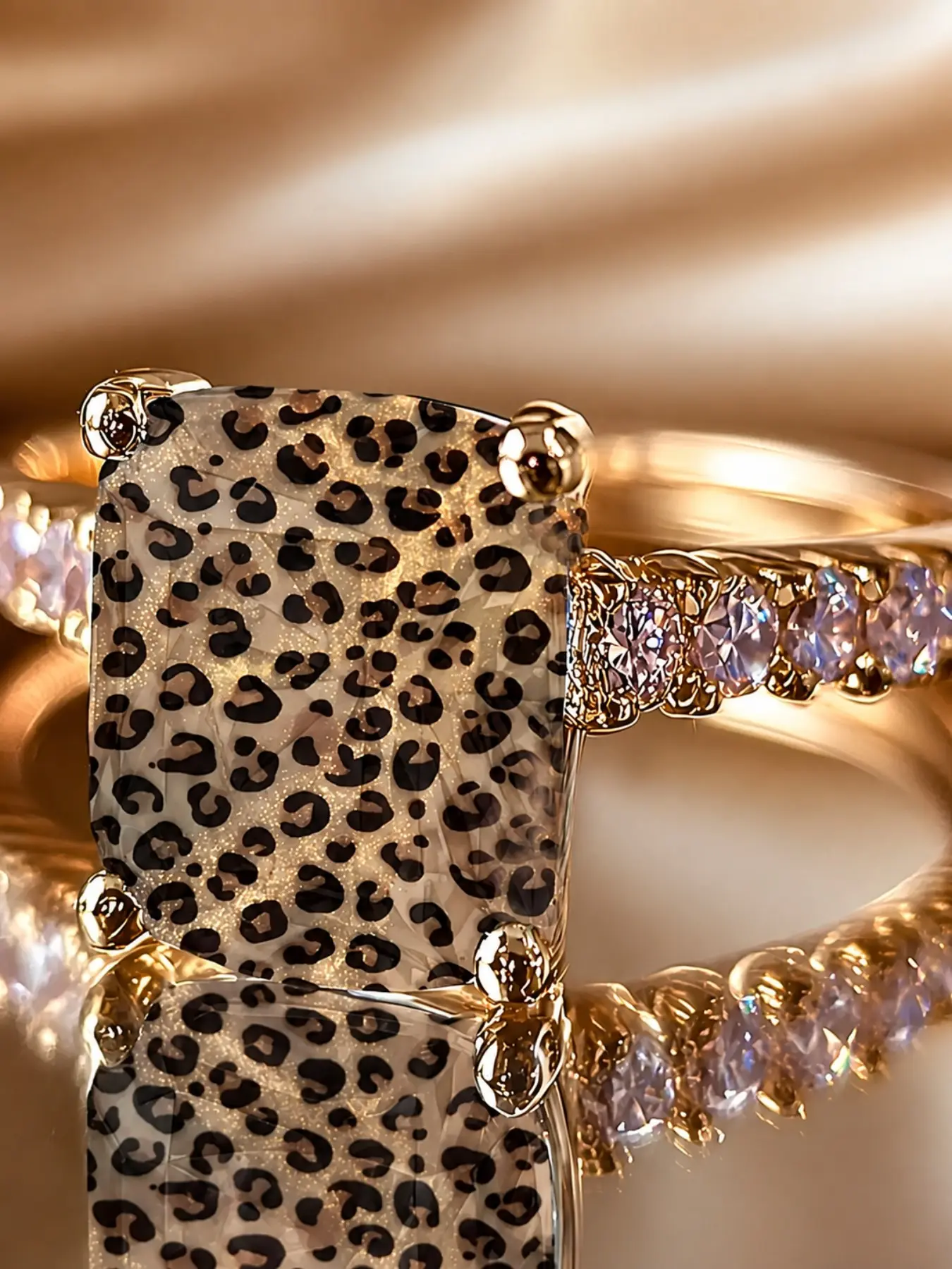 Leopard Print Square Statement Ring, Wild Pattern Design, Animal Theme, Side Embellishments, Bold Personalized Fashion Jewelry Ring