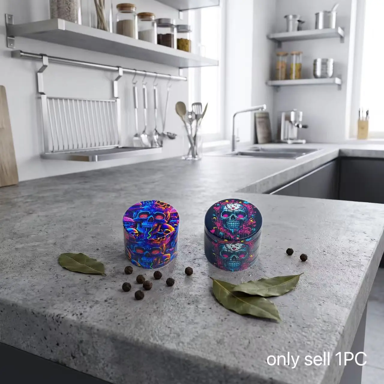 1.54inch 3.9cm Colorful Skull Print Zinc Alloy Multi Layer Mini Manual Spice Grinder Peppercorn Dry Herb Mill Compact Portable Kitchen Gadgets Seasoning Tool Home Cooking Meal Prep Single Sale
