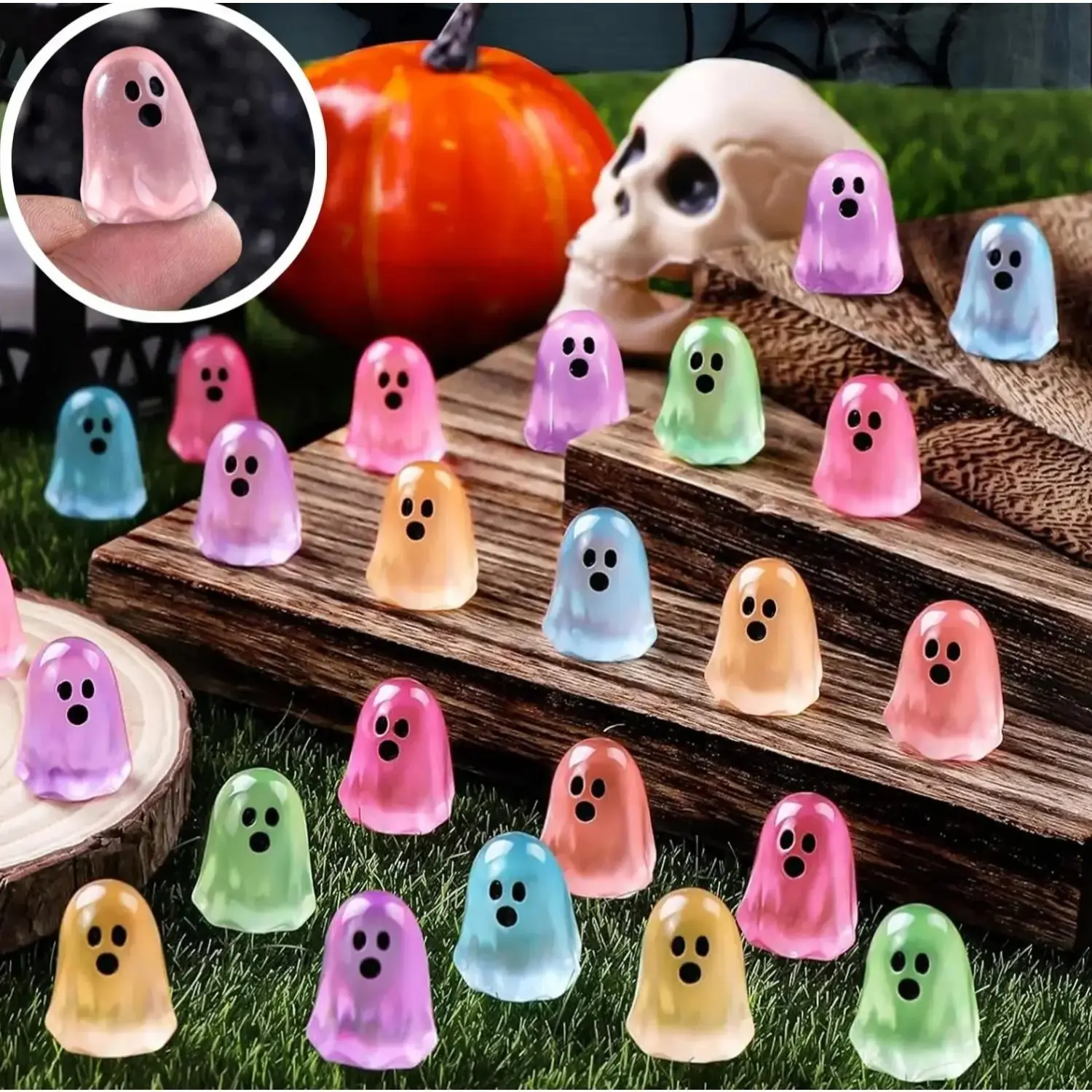 20-40-60 Pack Mini Size Luminous Ghost Shape Figurines, Glowing Effect Decorative Ornaments, Bulk Resin Halloween Party Favors, Whimsical Desktop Decor for Sports & Outdoor Camping Hiking Hammock Settings