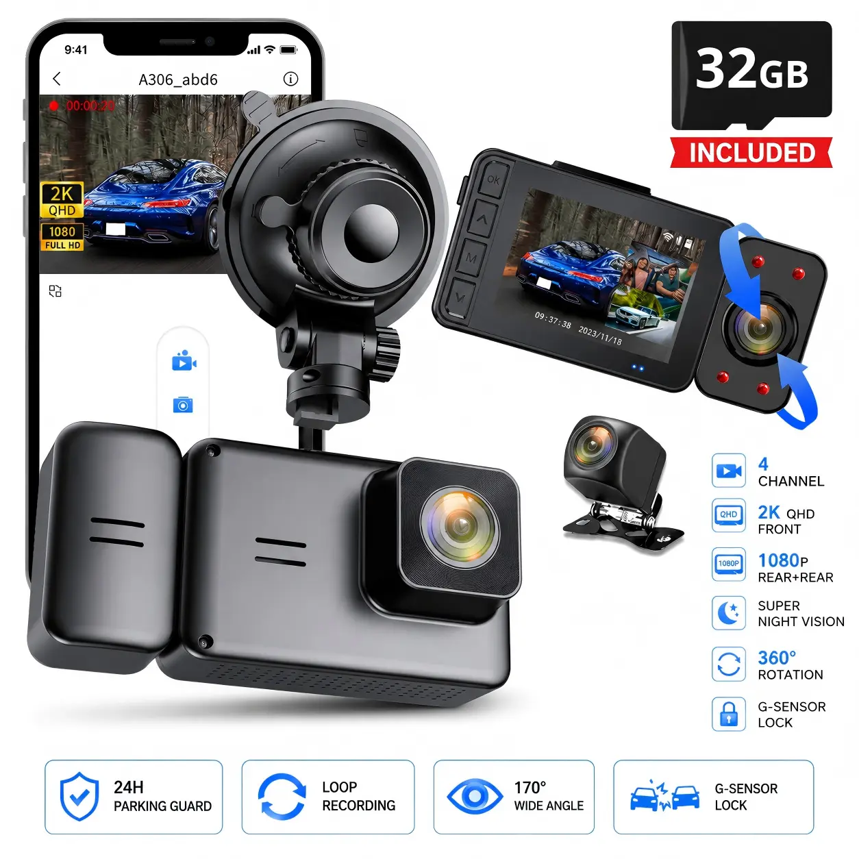 4 Channel Dash Cam for Cars 2K+1080P with WiFi, 360° Rotating Camera, Front Rear Inside Recording, Super Night Vision, G-Sensor, Loop Recording, Parking Monitor, Free 32GB Card