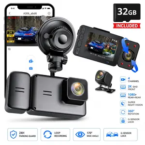 4 Channel Dash Cam for Cars 2K+1080P with WiFi, 360° Rotating Camera, Front Rear Inside Recording, Super Night Vision, G-Sensor, Loop Recording, Parking Monitor, Free 32GB Card