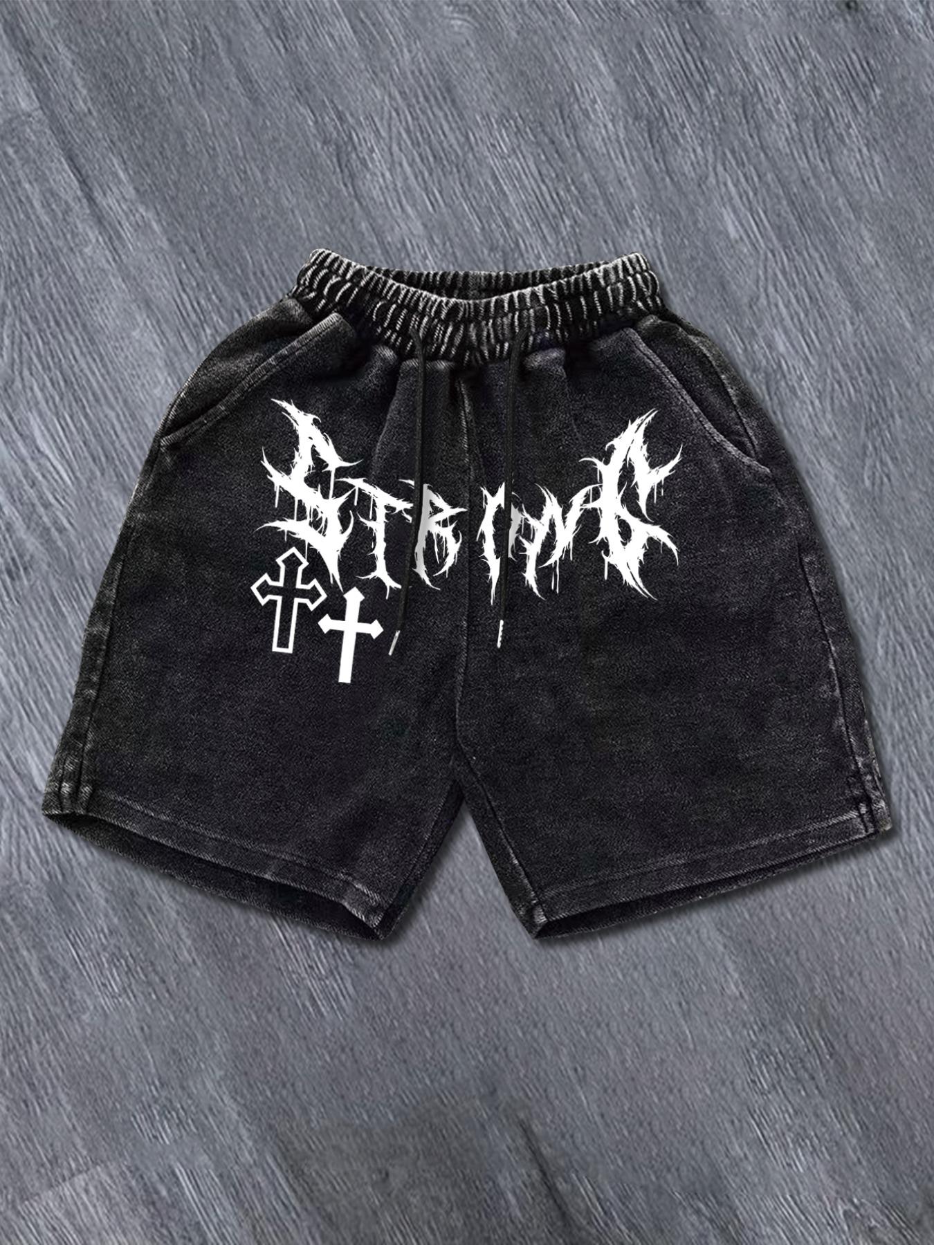 Men's Denim-Effect Print Letter Graphic Drawstring Waist Shorts, Casual Streetwear Shorts, Regular Fit Casual Street Comfy Shorts for Summer, Men's Bottoms for Daily Wear