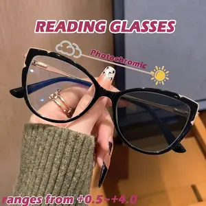 New Photochromic Reading Glasses, Reading Eyeglasses | Anti-blue light, farsightedness correction, UV400 protection, light luxury elegant cat-eye frames, available various cool colors, automatically switch to tinted reading glasses outdoors.