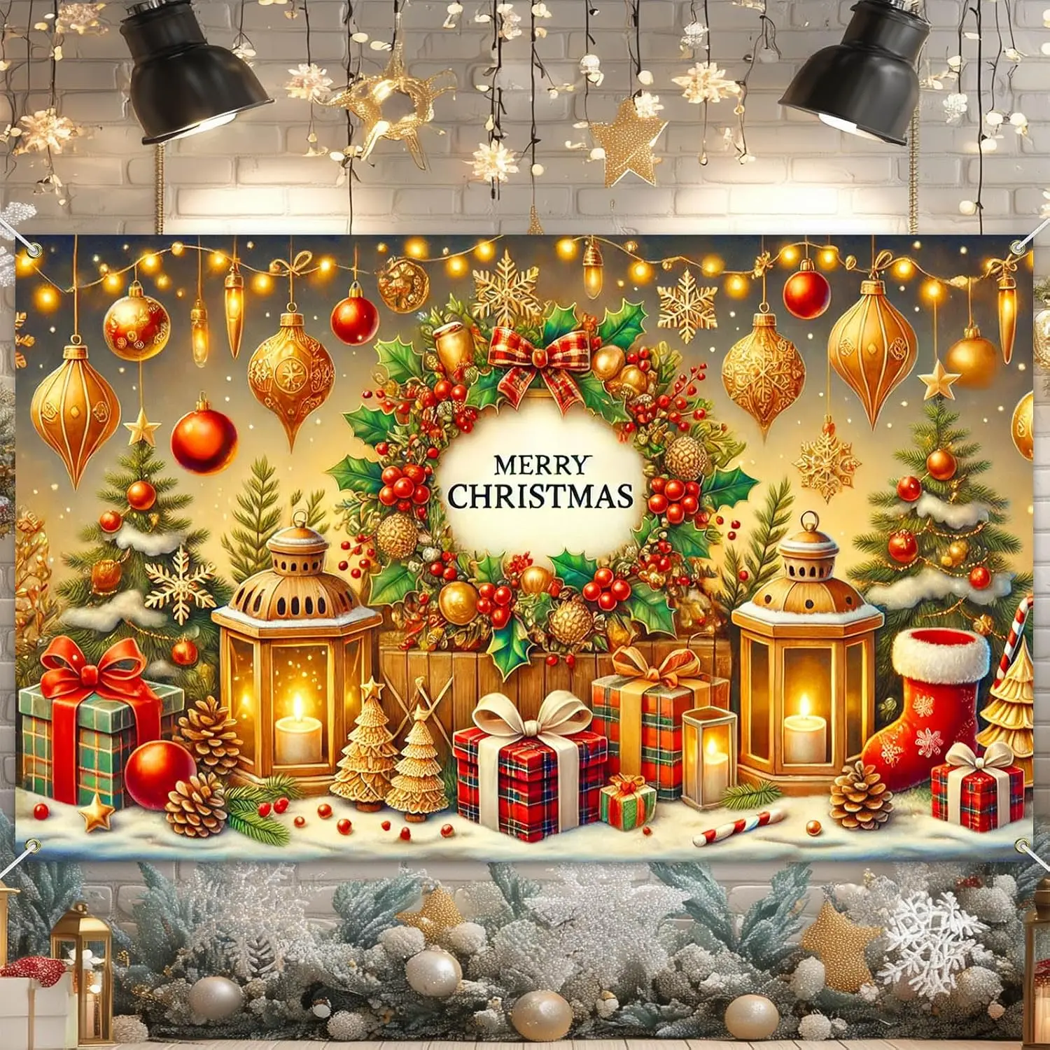 Merry Christmas Banner 71x43 in Ornaments Decor | Winter Holiday Banner, Christmas Backdrop for Photo Booth, Office and , Ornaments Golden Tree Lights Design