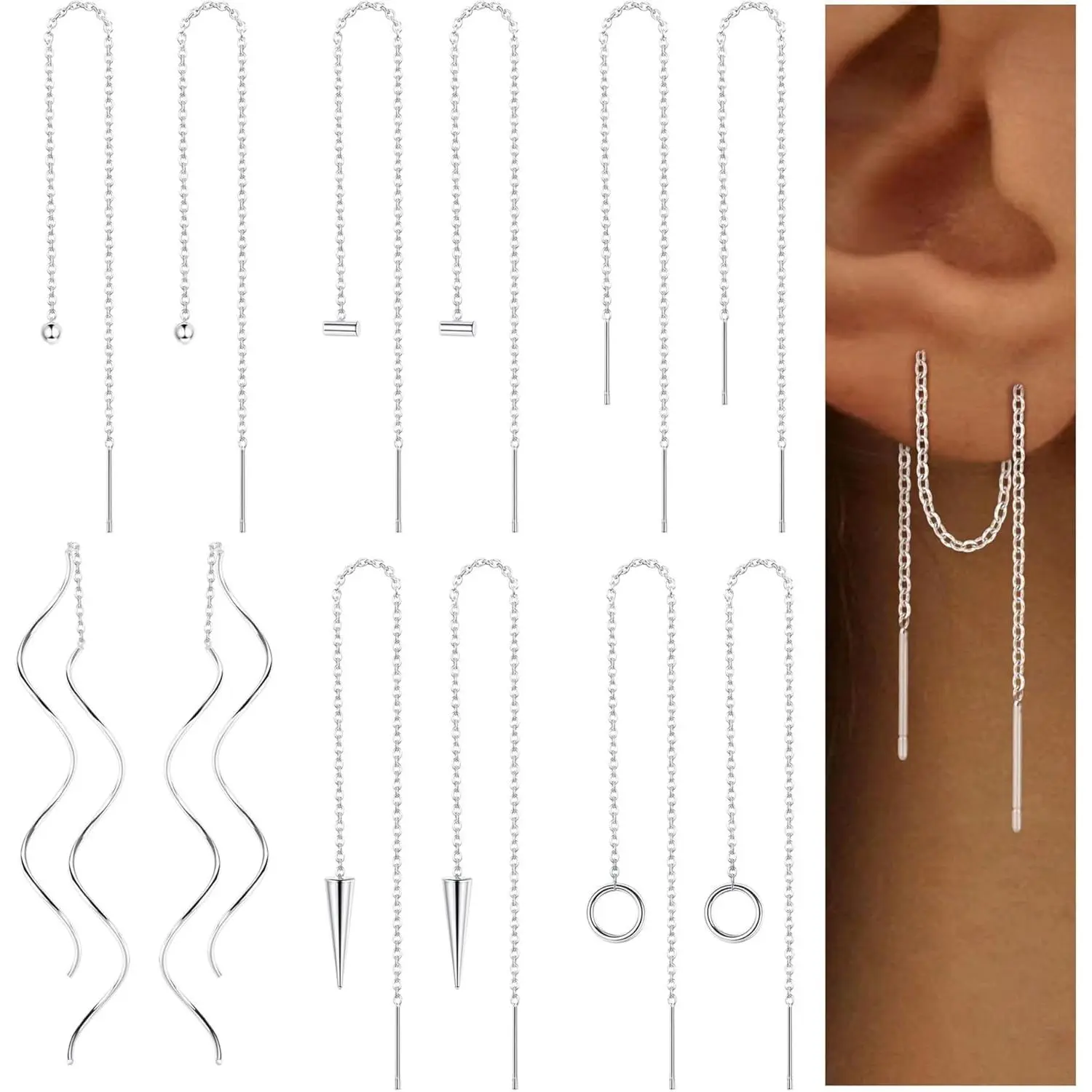 6 Pairs Stainless Steel Chain Tassel Earrings for Women Lightweight Wave Threader Ball Dangle Drop Minimalist Chain Earrings Set