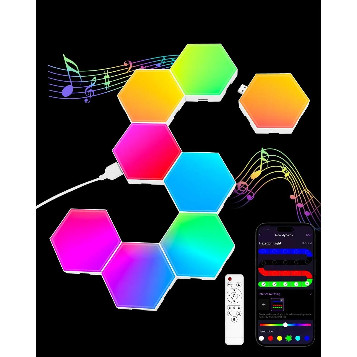 Hexagon LED Light Panels 8 Pack – RGB Wall Decor Lights with Music Sync, App & Remote – Modular Home & Christmas Decor for Bedroom, Living Room, and Room Decor