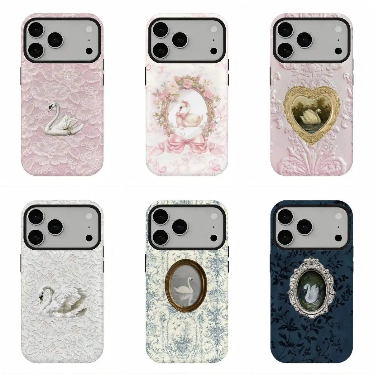 Rococo Swan Print Romantic Lace Smartphone Case - Soft Polycarbonate Casing with Shockproof Protection, Screen Edge Cover for iPhone, Samsung Galaxy Devices - MagSafe-Incompatible Mobile Accessory, One-Piece
