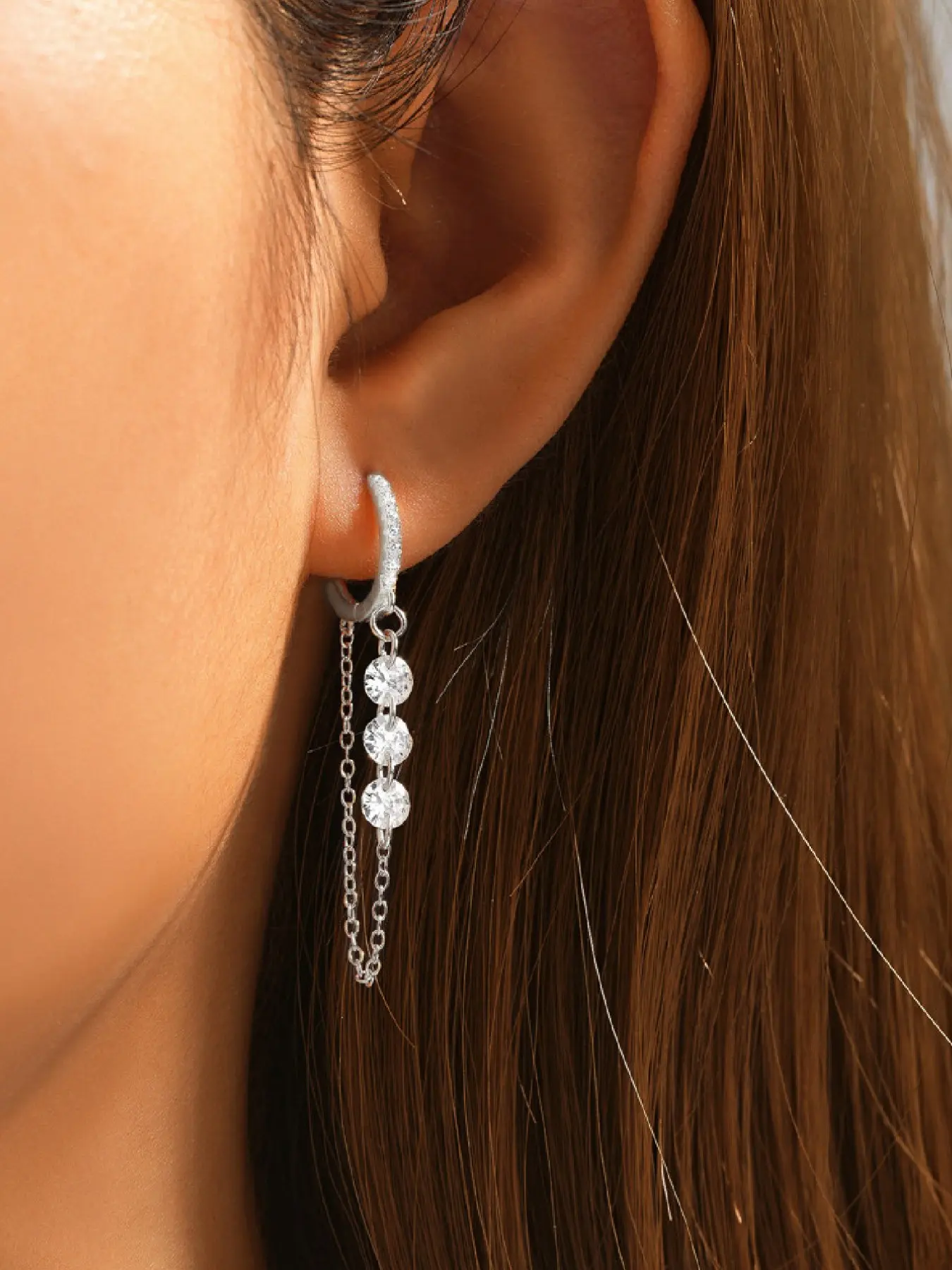 1Pair 925 Sterling Silver Classic Cubic Zirconia Chain Tassel Design Hoop Earring Hypoallergenic Cartilage Helix Tragus Lobe Piercing Jewelry Versatile Wear Suitable For Women For Daily, Dates, Vacation, Wedding, Party, Holiday Gift