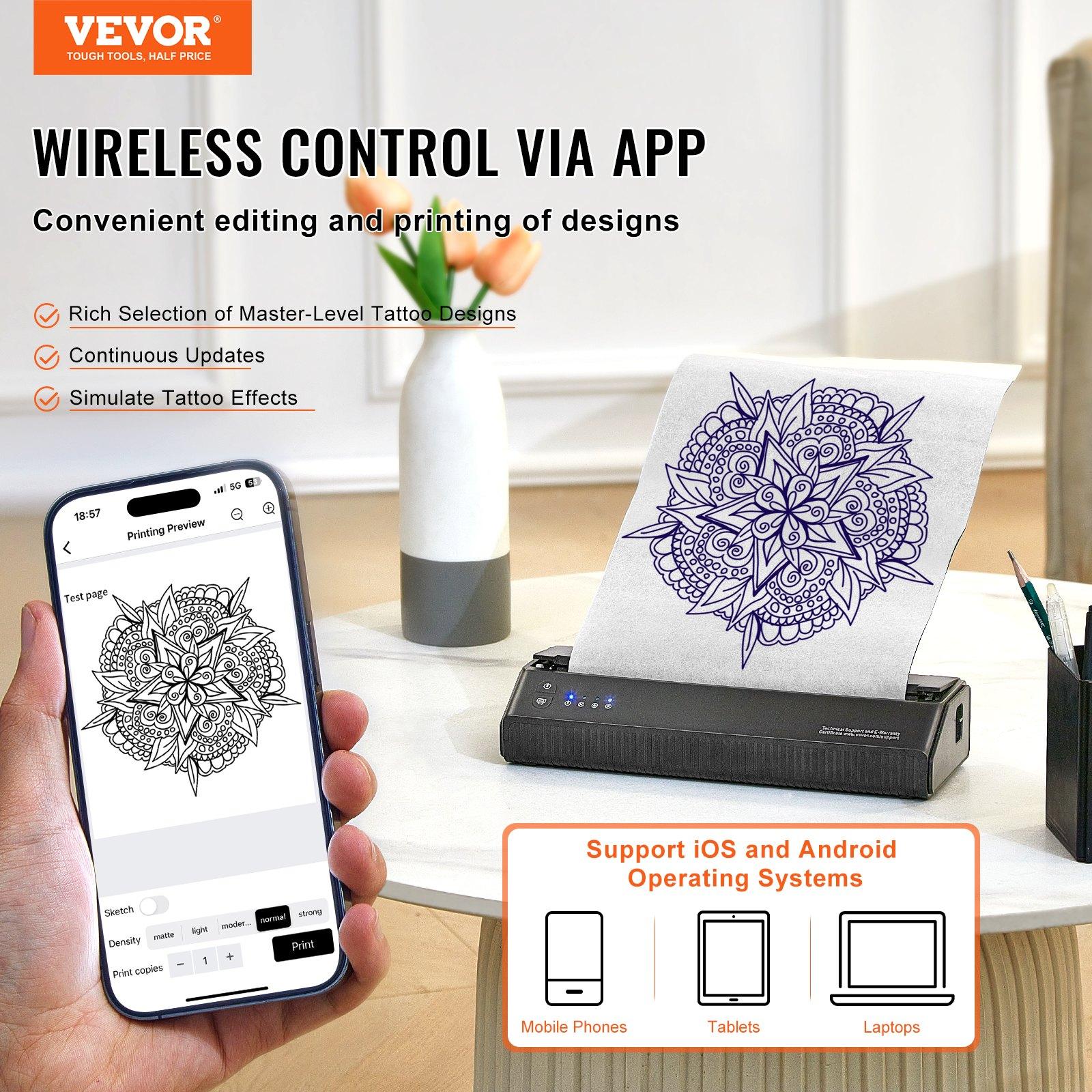 VEVOR Tattoo Stencil Printer, Wireless Bluetooth Tattoo Printer Transfer Stencil Machine with 10Pcs Transfer Paper, Compatible for iOS&Android Phone, iPad&PC (with Storage Bag)