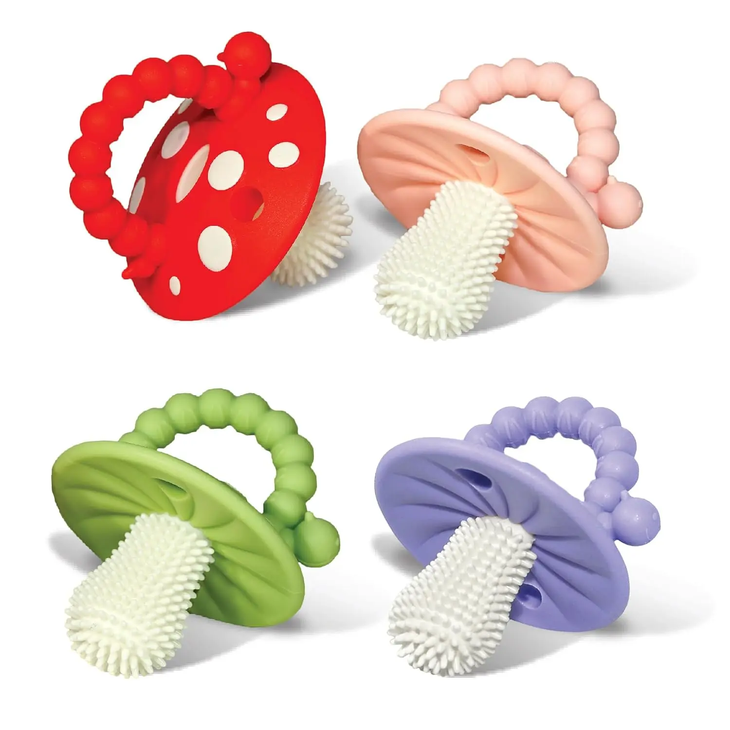4 Pack BPA-Free Silicone Baby Teether Toys, Massage Bristle Hands-Free Teething Relief Teethers