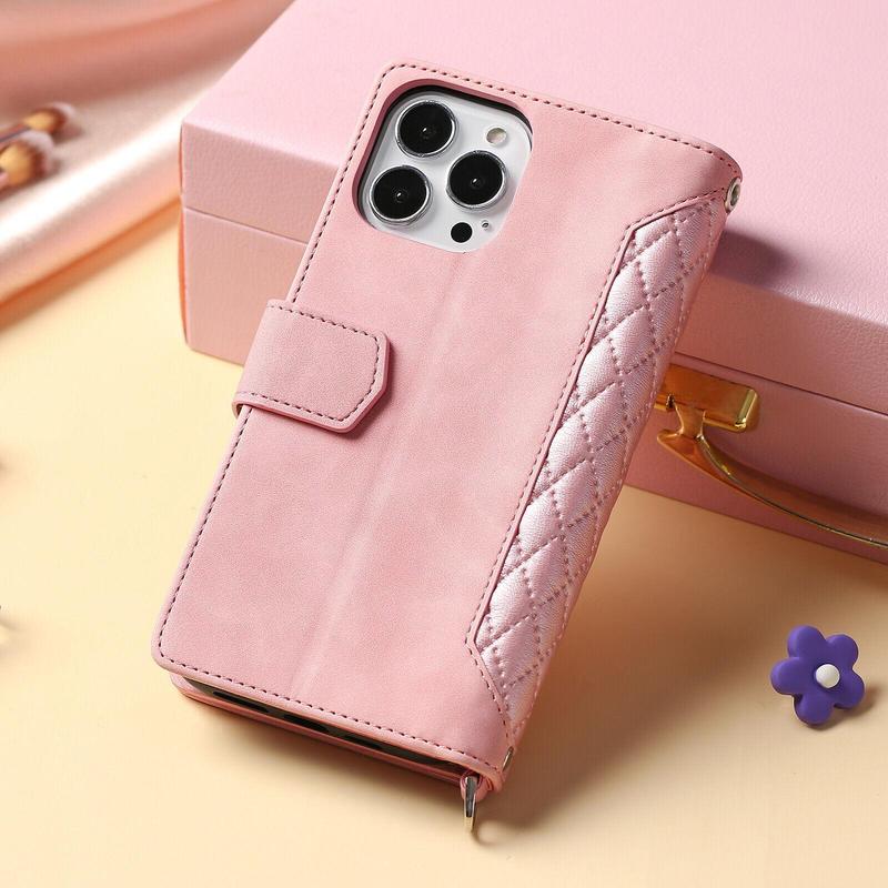 Crossbody Wallet Case For iPhone 17 16 Pro Max 15 14 Plus 13 12 Leather Phone Case with Card Holder Kickstand & Wrist Strap Cover Magnetic Closure Flip Handbag Zipper Purse Shell for Women