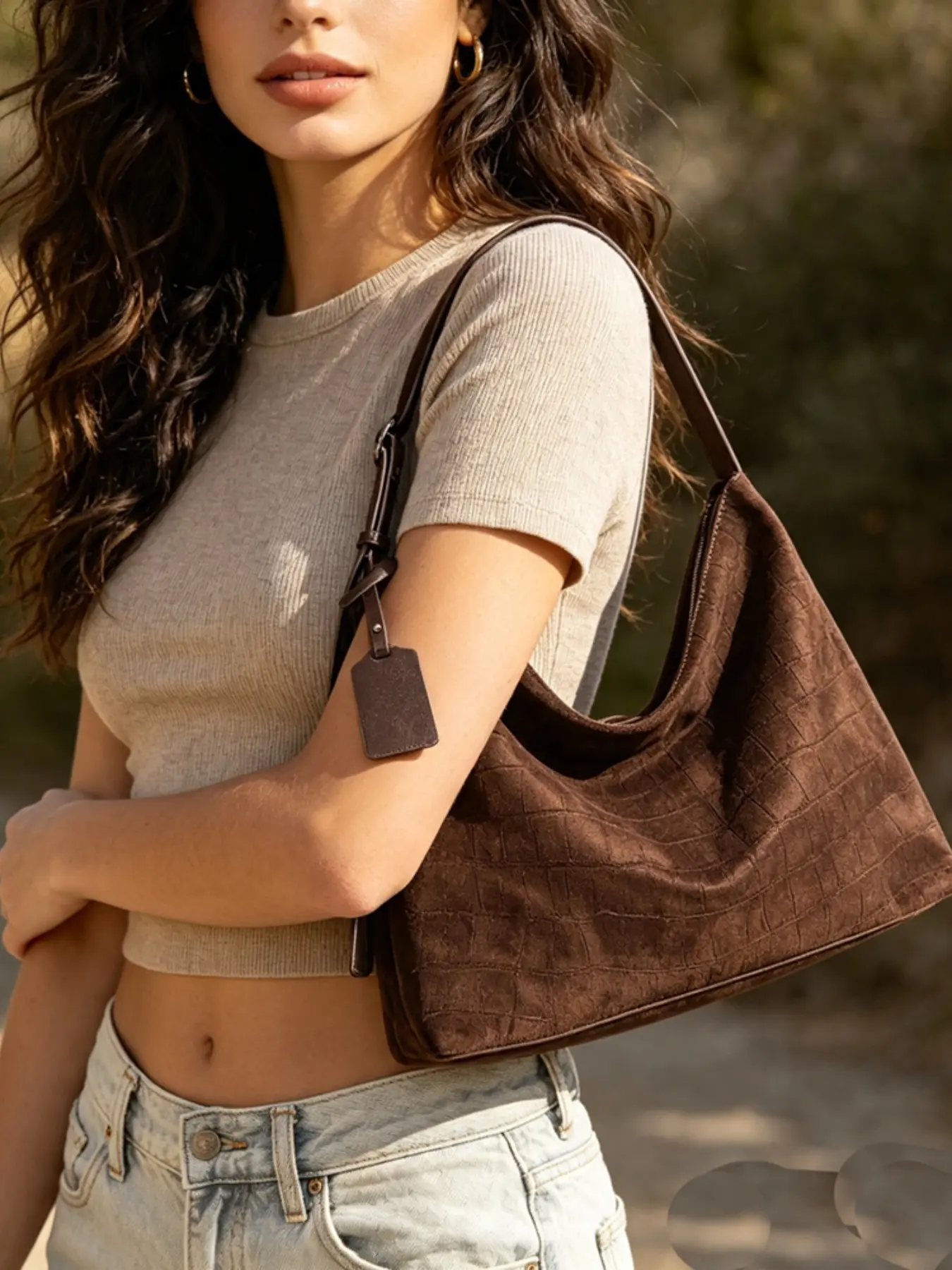 Early Autumn New Hobo Bag, Stone Texture Suede Velvet, Large Capacity Shoulder Tote, Trendy Crossbody Backpack, High-End Underarm Bag
