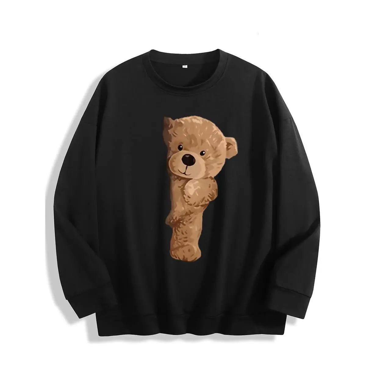 Women’s Oversized Crewneck Sweatshirt, Cute Peeking Teddy Bear Print Pullover, Soft Loose‑Fit Casual Top for Autumn Daily Wear