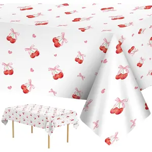 2 Pcs 108x54Inch Cherry Birthday Disposable Plastic Tablecloth White Pink Rectangle Table Cover with Cherries and Bows for Bday Party Decorations Supplies