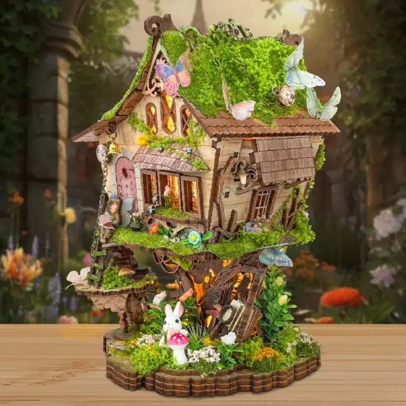 DIY Treehouse Book Nook Kit - 3D Wooden Puzzle Miniature Dollhouse Bookshelf Insert, Architectural Model, DIY Building Model for Shelf Decor, Gift for Adults, Teens, Family & Friends(Glue and batteries not included)