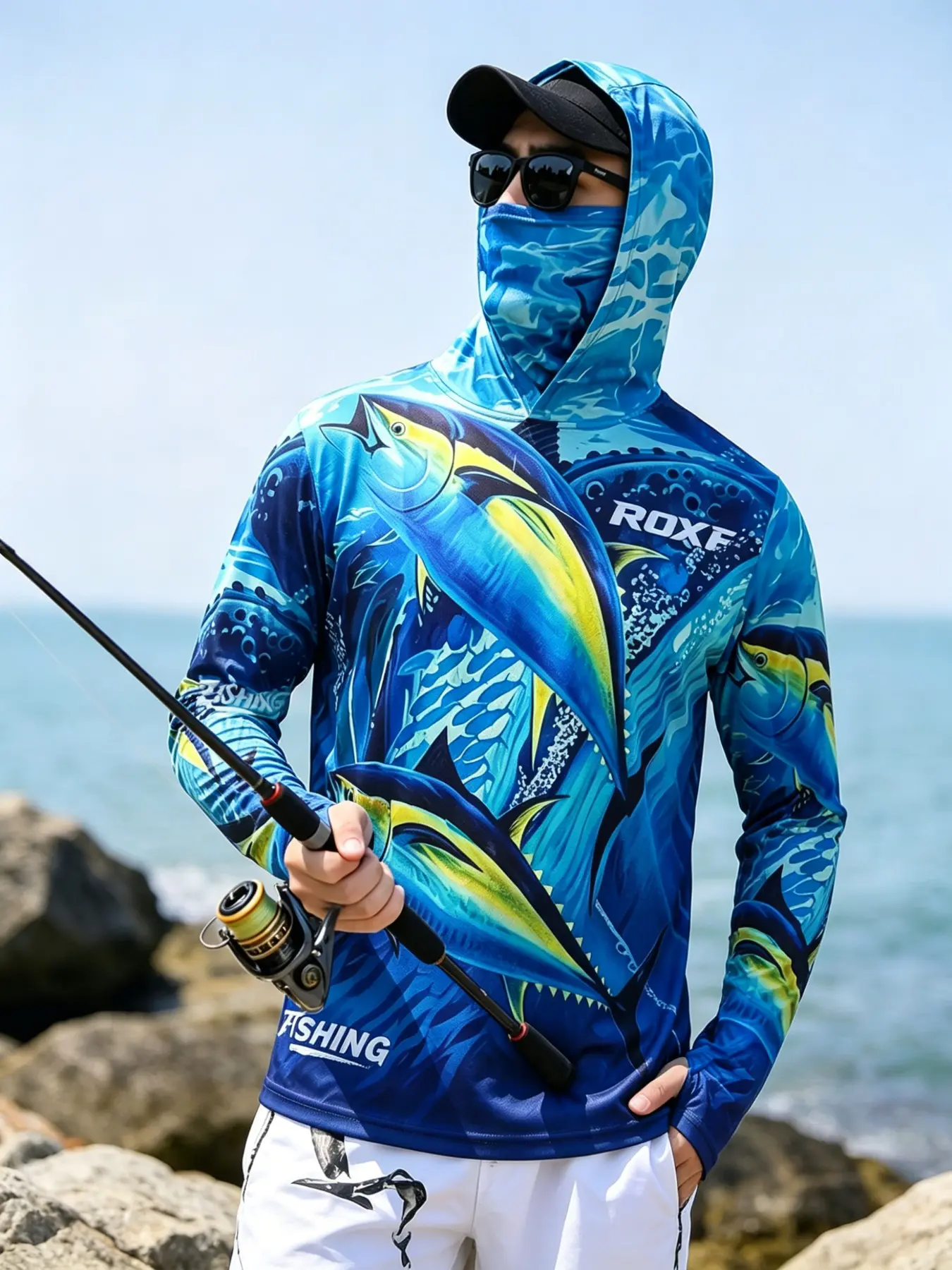 Mens Saltwater Offshore Fishing JerseyMen Hooded Long Sleeve Fishing Shirt With Attached Face Cover Full Tuna Ocean Print High Stre Connected Thumb Cuff Saltwater Offshore Outdoor Angling Jerseyetch Quick Dry Top Moisture Wicking Breathabl