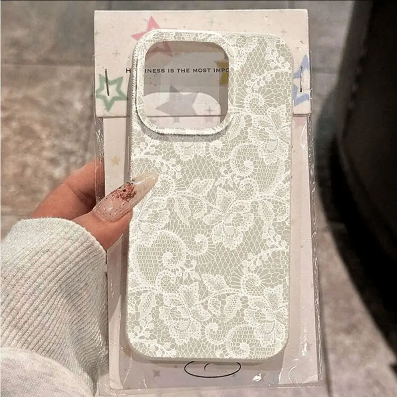 A stylish and practical phone case featuring a delicate white lace floral pattern and a soft, textured litchi-grain finish. Made from high-quality, full-coverage TPU, it offers precise fit and comprehensive protection. Compatible with Apple models ranging