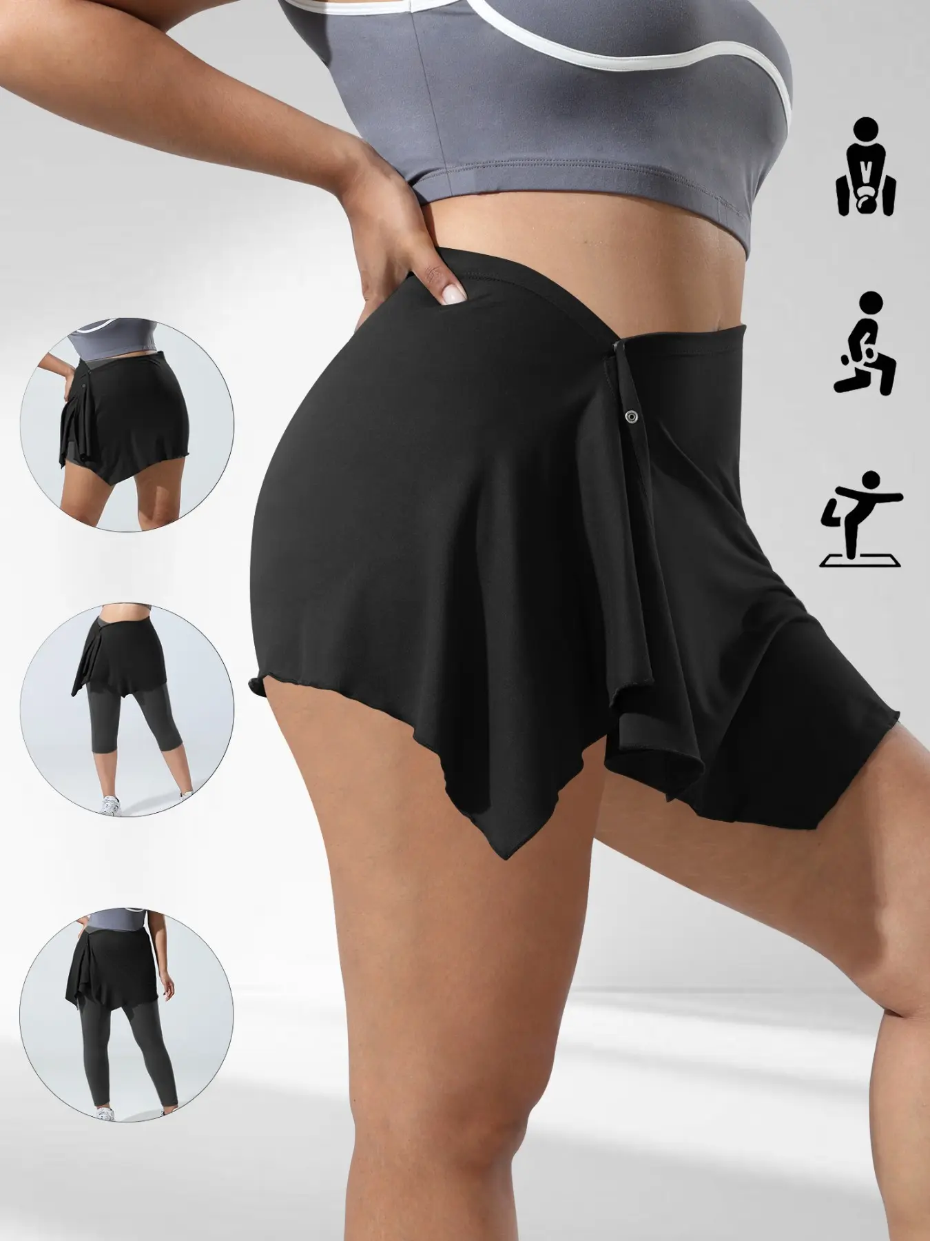 Plus Size Asymmetrical Flowy Skirt, Sport Skirt, Workout Skirts, Outerwear Wrap Dress, Four-Way Stretch Quick-Dry Breathable Yoga Shorts, Running Cycling Fitness