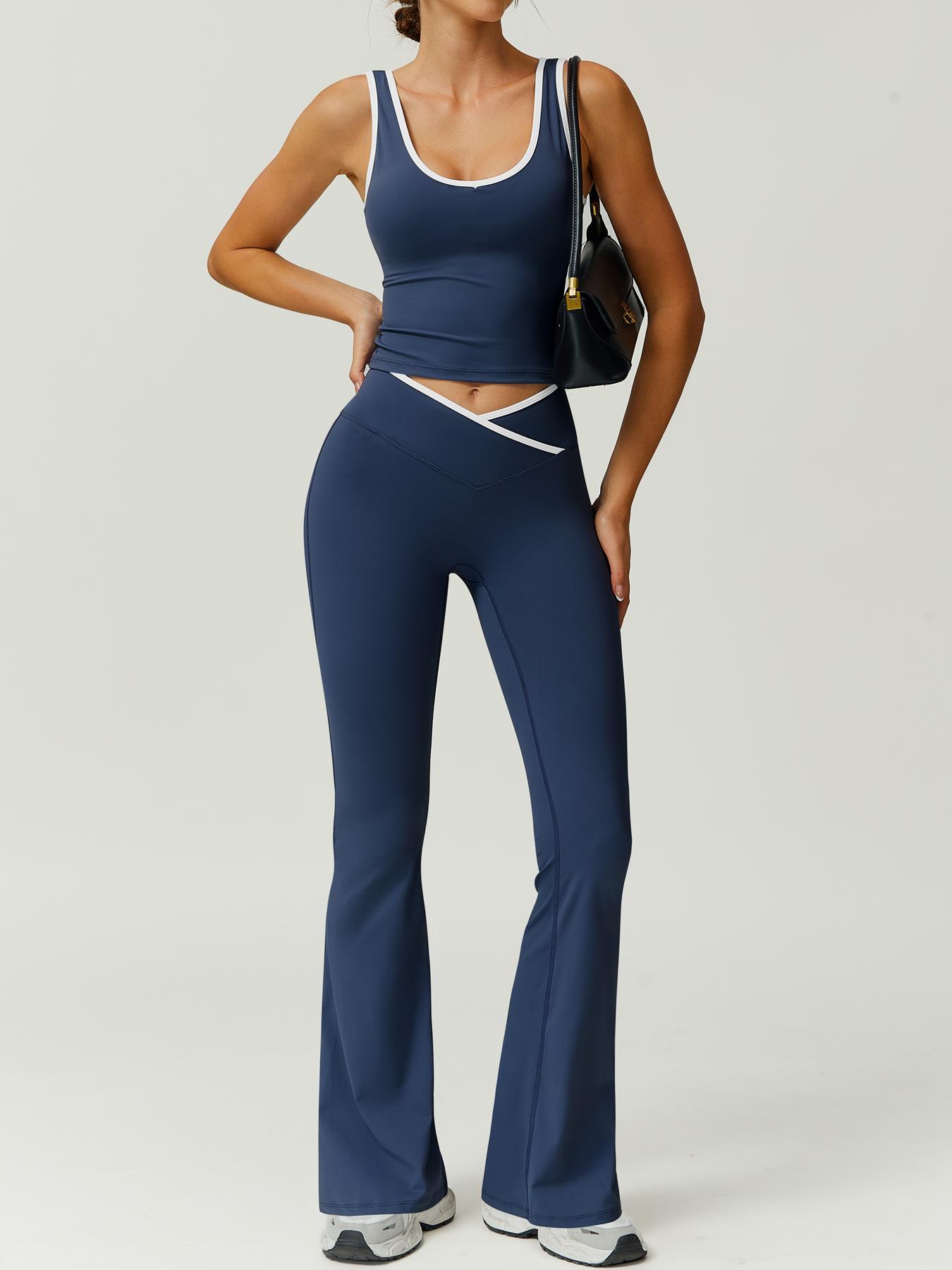 Two-Piece Set Women's Patchwork High Elastic Soft U-Neck Wide Shoulder Strap Vest Cross Waist Top Hip Flared Pants Yoga Clothes Four Seasons Running Gym sports training all-match vest, Workout Running Outfits, Activewear Set, Athleisure Sportswear Set