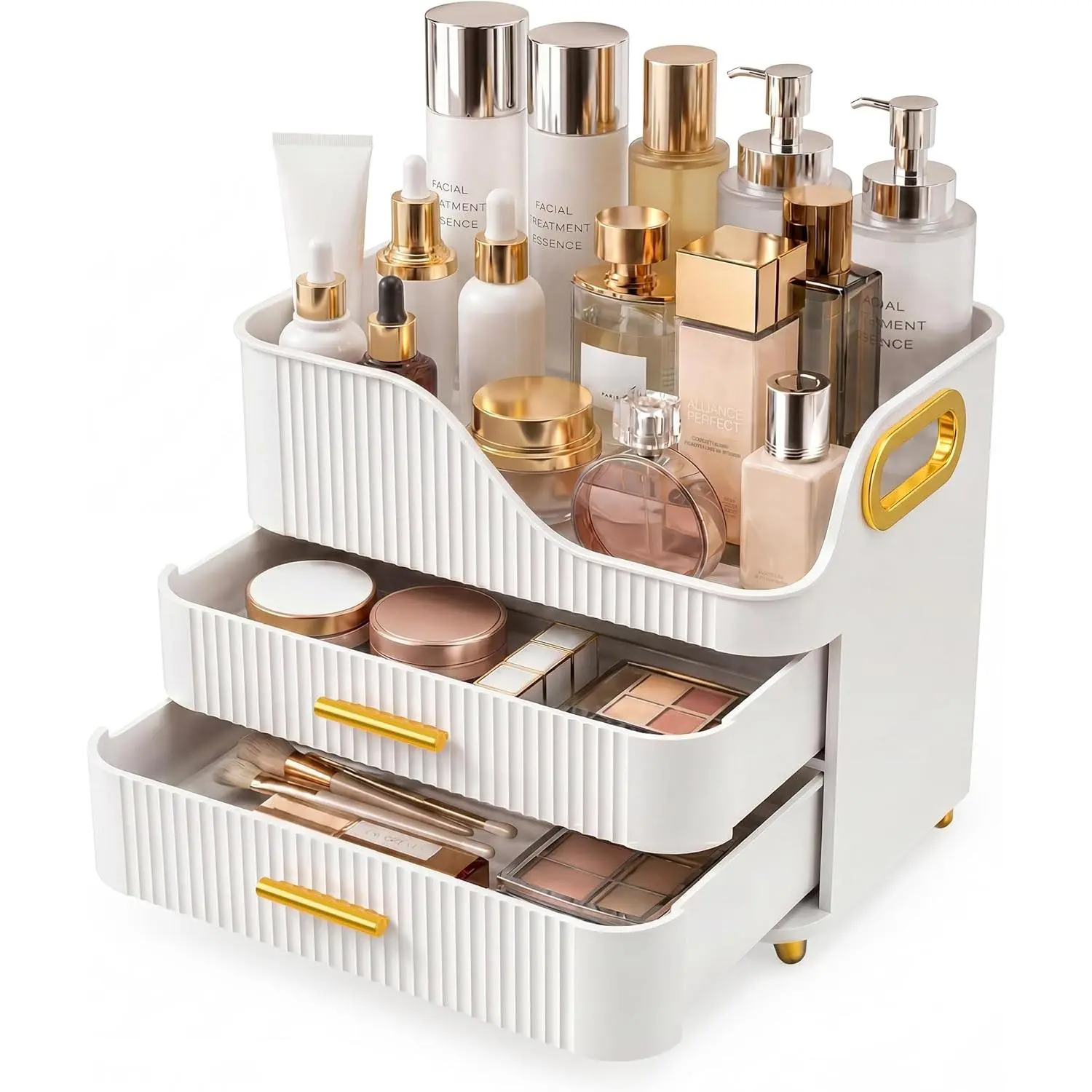White 3-Tier Countertop Makeup Organizer with Drawers, Large Cosmetic Storage Box for Vanity & Bathroom Counter, Beauty Products Display Case for Lipsticks & Palettes, Teen Girl Gift