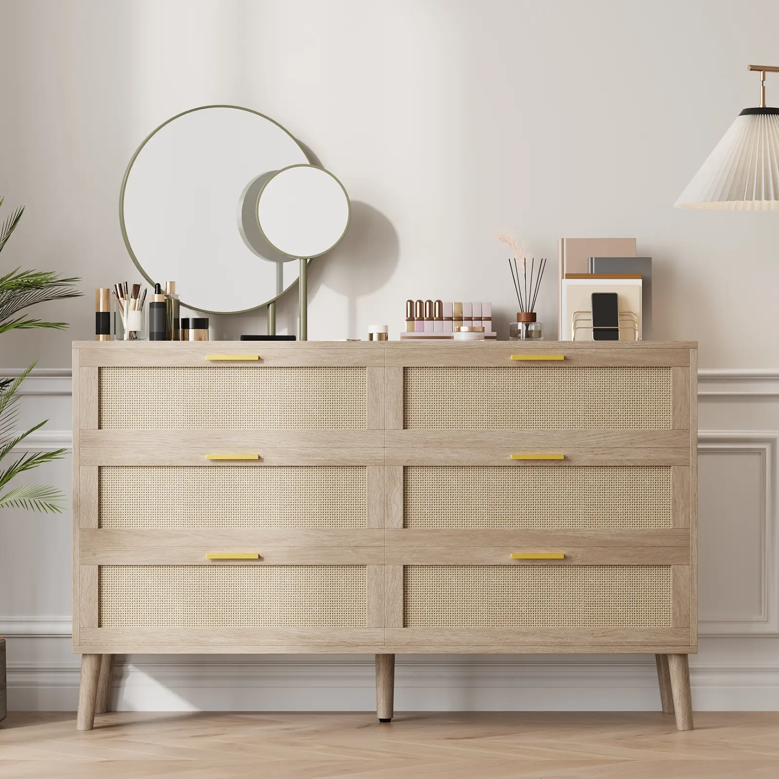 Rattan Chest of Dressers, 6 Drawer Double Dresser with 6 Drawers, Modern Wooden Dresser Chest, Beside Table for Closet, Living Room and Entryway