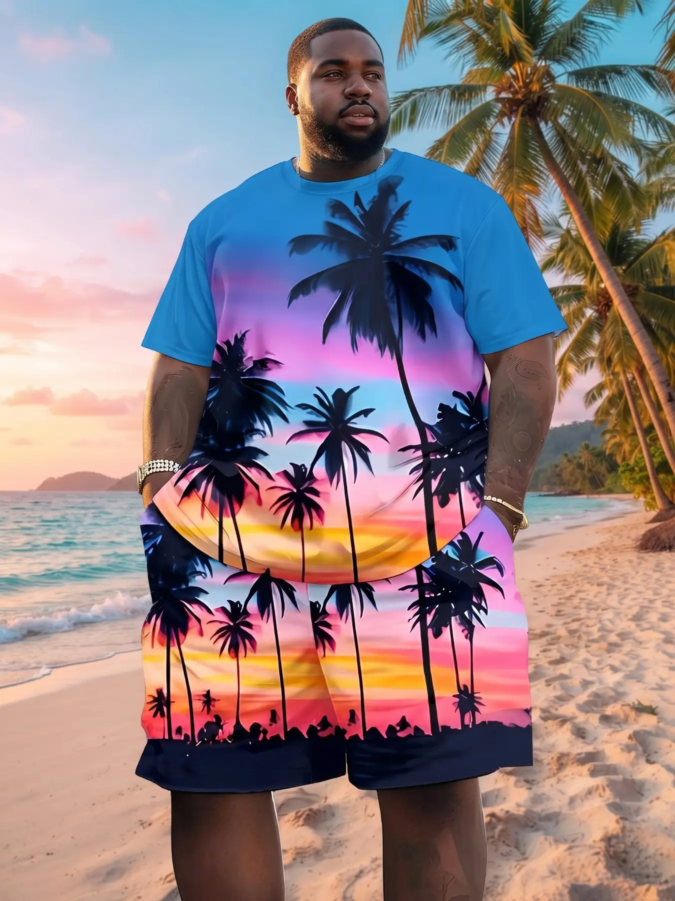 Men's Hawaiian Style Sunset Palm Print Set, Loose-Fit Short Sleeve Tee and Shorts, Casual Beach Vacation, Large Size