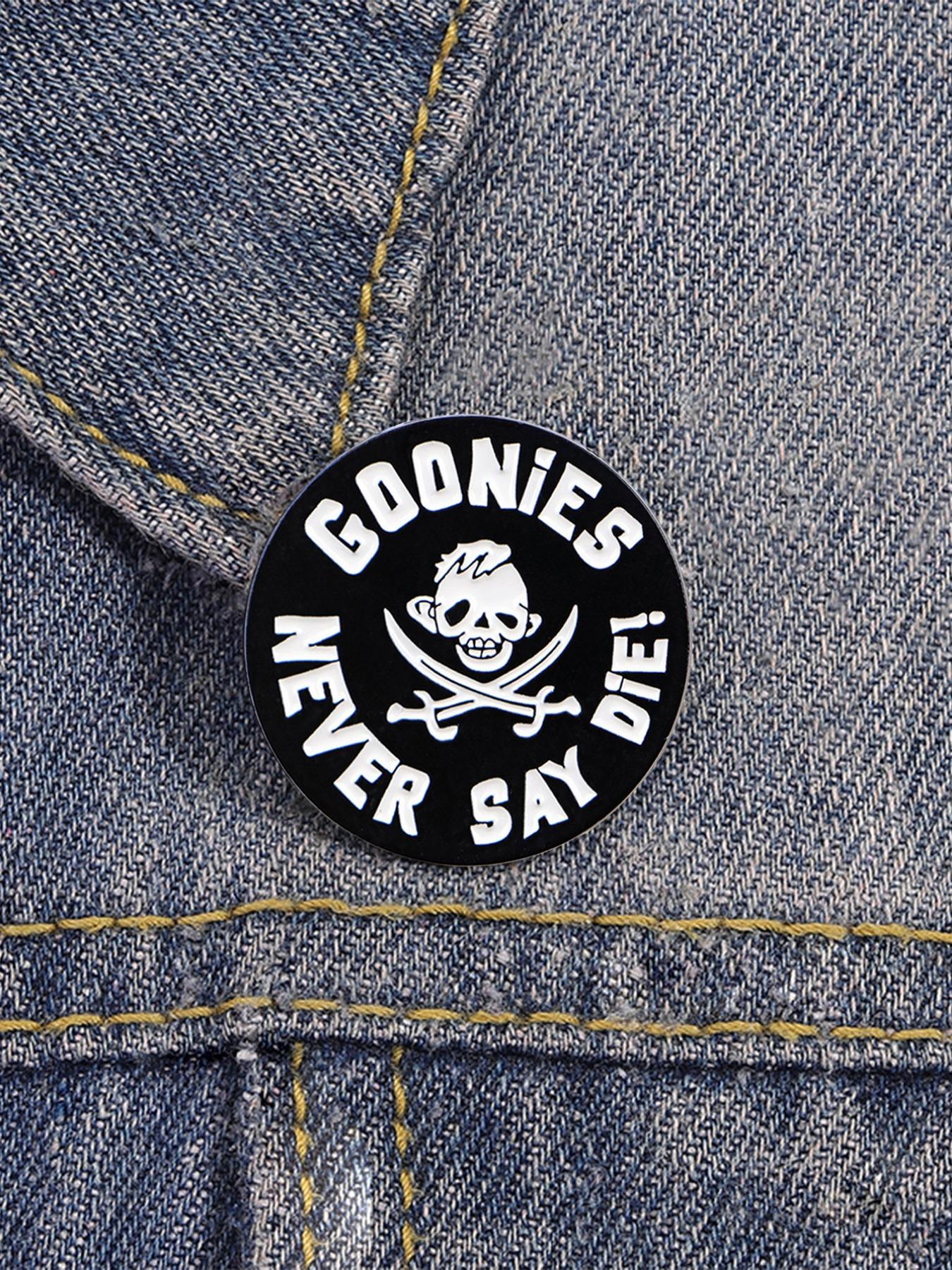 Goonies Never Say Die! Pirate Theme Flag Badge, Vintage Skull Dual Sword Design, Ultimate Collectible for 80s Fans, Engraved Slogan, Nostalgia