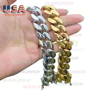 Cool Mens Jewelry Stainless Steel Cuban Link Hip Hop Link Chain Bracelet (12/14/18/20/22mm) 14K Gold Plated Miami Cuban Chain Bracelet
