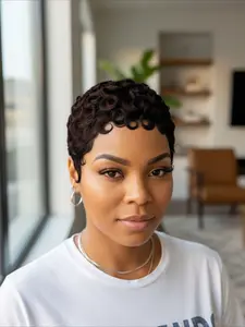 Curly Wave Human Hair Wig for Women Pixie Cut Full Machine Made Wig 150% Density 6 Inch Wig Ideal for Daily Use and Special Occasions like Christmas and New Year Party
