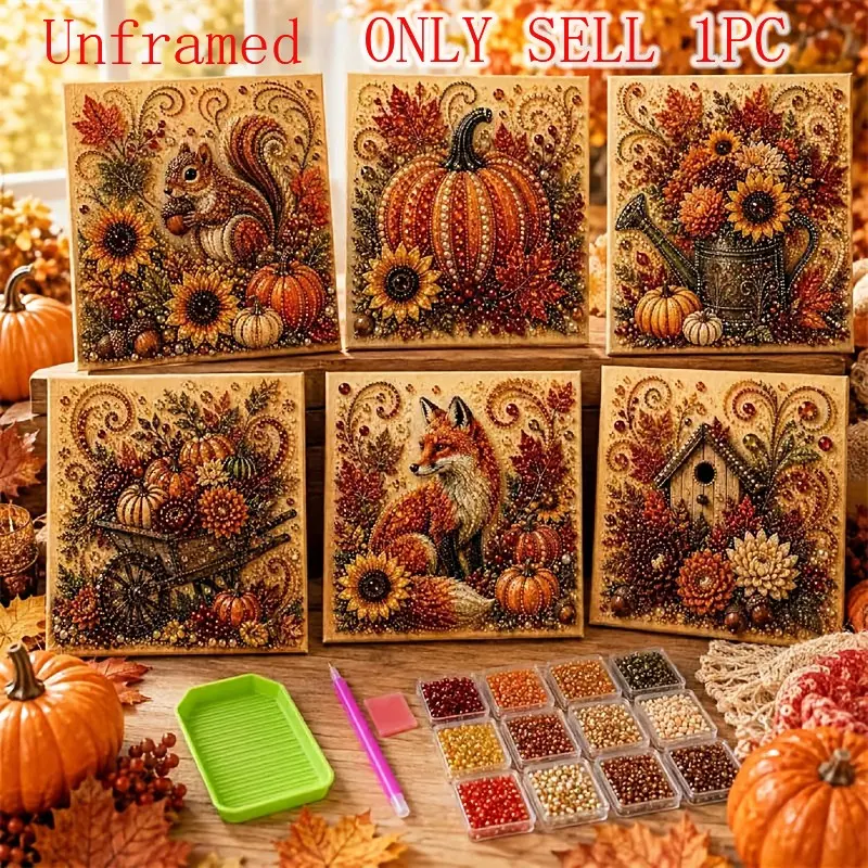 Unframed Autumn Pumpkin Pearl Painting Kit, DIY Diamond Art Style Canvas, Fall Home Decor, Fox, Squirrel & Sunflower DIY Crystal