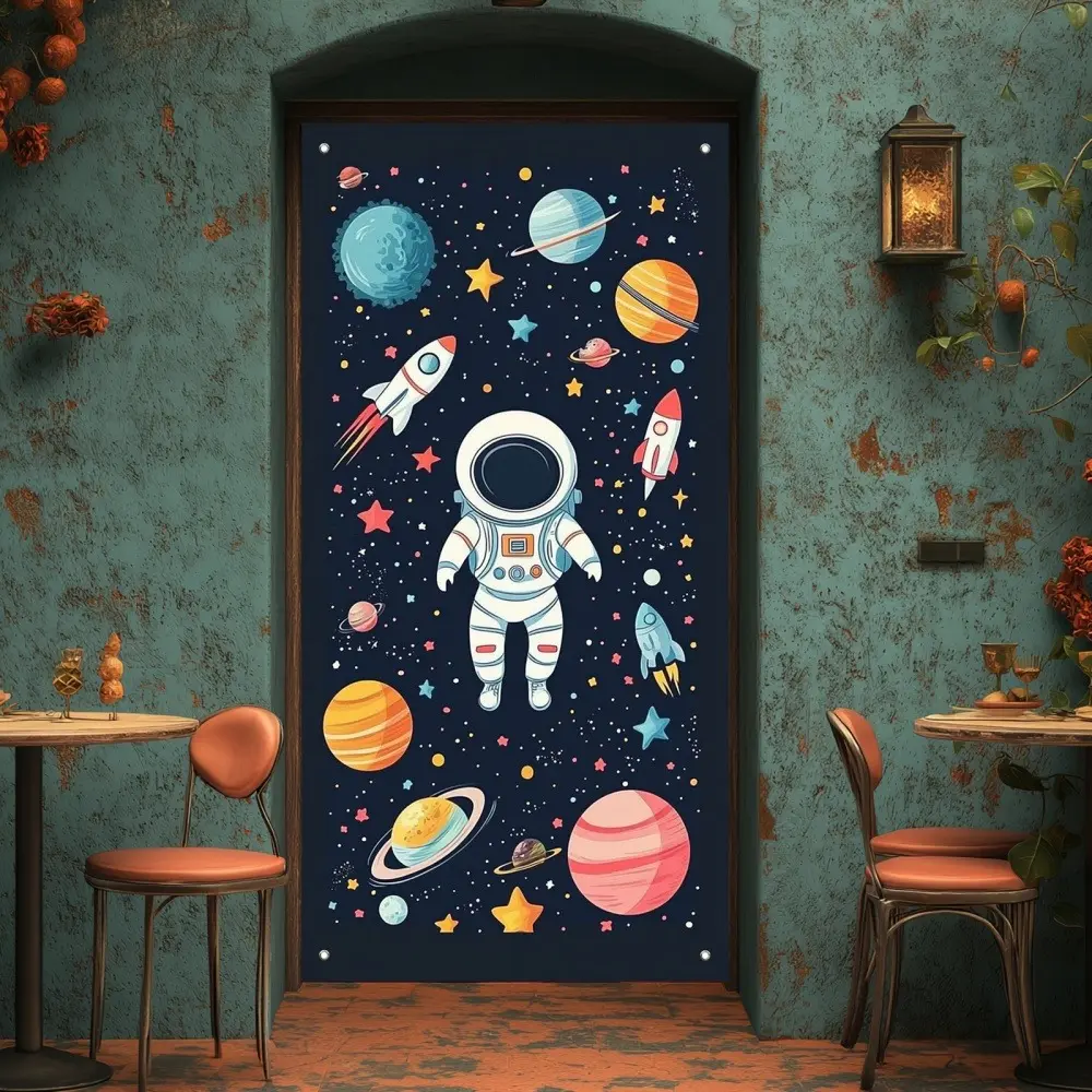 2D Flat Astronaut Space Door Banner | Galaxy Planets & Starry Sky Adventure Backdrop | Single-Sided Polyester | Metal Grommets for Easy Hanging | Perfect for Kids’ Rooms, Space-Themed Parties, Birthdays & Holiday Decor