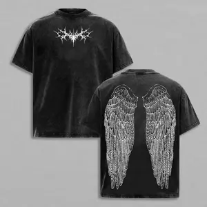 Vintage Acid Washed Oversized Unisex 100% Cotton Crewneck T-Shirt, Y2K Gothic Wing Anime Inspired Dark Aesthetic Graphic Tee, Classic Grunge Streetwear Casual Short Sleeve Top, All Season Daily Outfit & Unique Gift for Dark Style Enthusiasts