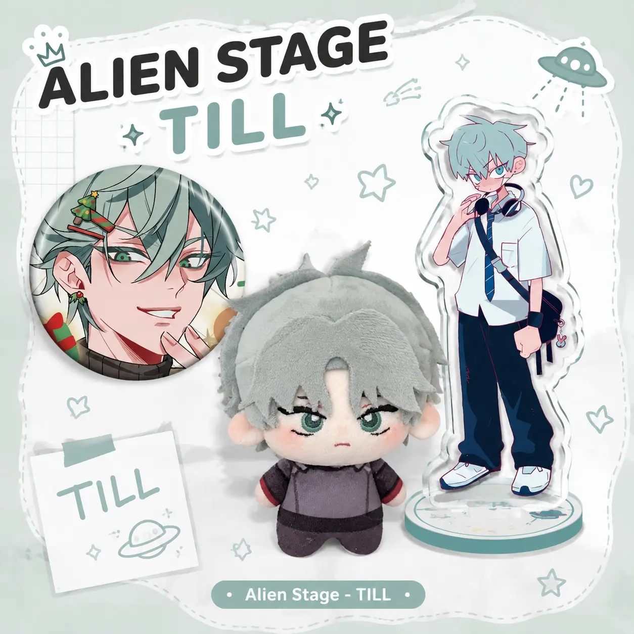 3-Piece Alien Stage Plush Set, 10cm Cute Anime Stuffed Toys, Soft Stuffed Collectible, Includes Plushie, Badge, Stand, Soft Touch, Birthday Gift, Bedroom Decor
