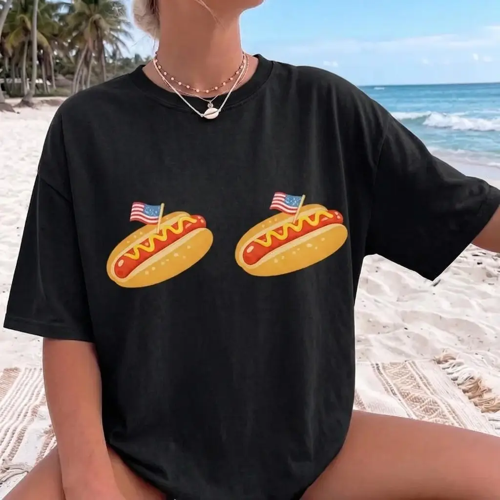 Retro Hot Dog Bikini 4th of July Shirt - Funny Patriotic Glizzy Graphic Tee, Trendy Oversized USA Independence Day T-Shirt