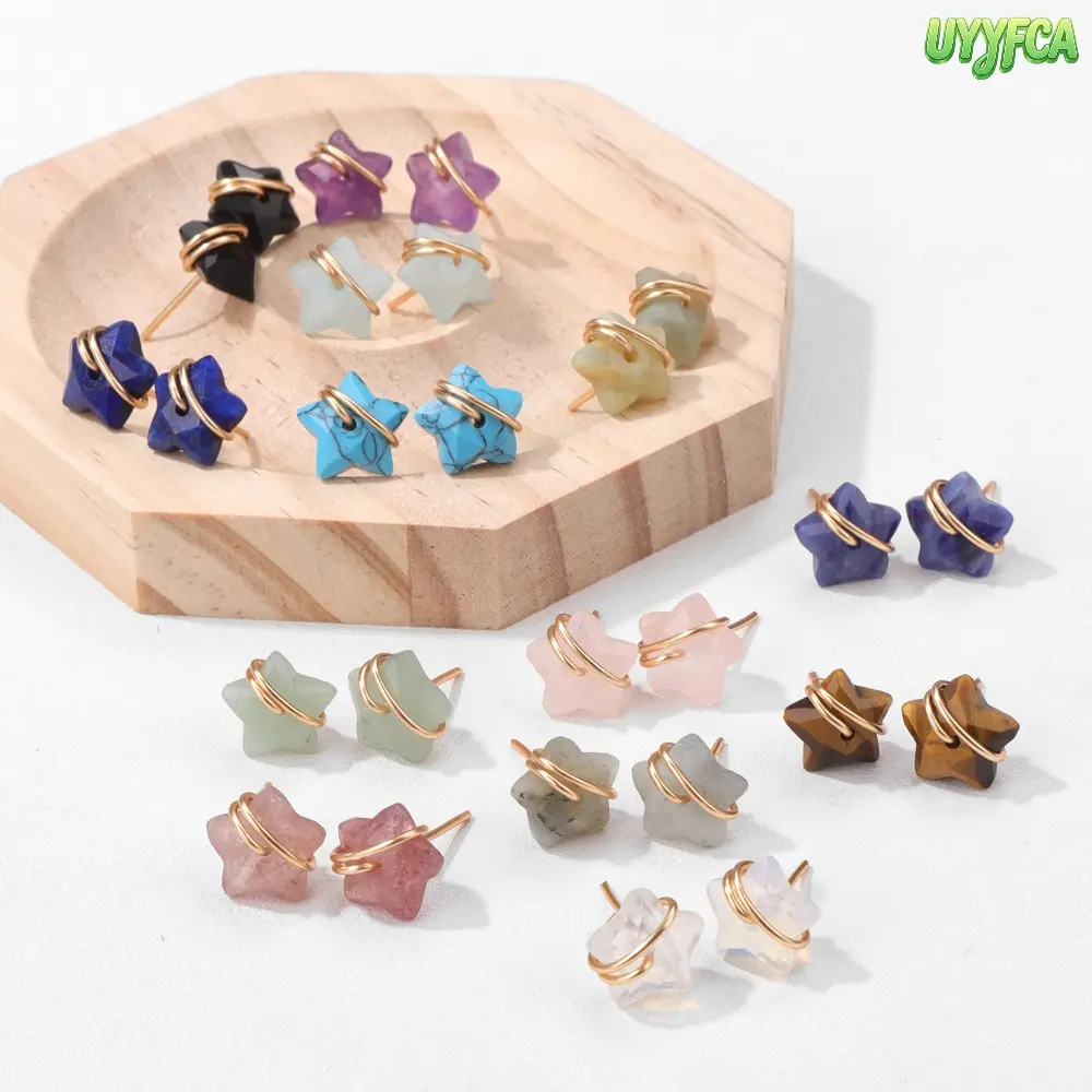 Natural Crystal Star Stud Earrings,Mismatched Hand Wire Wrapped Gold Plated Celestial Tiny Stone Ear Studs, Dainty Minimalist Multi Gemstone Jewelry For Women Girls, Aesthetic Daily Stackable Accessory Baby Shower Gift,4th of july outfit,summerwins small