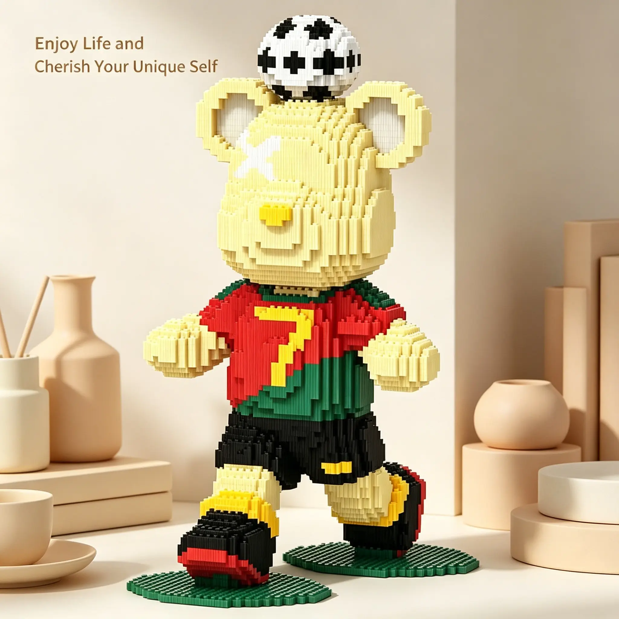 Football Bear Creative Building Blocks 3D Puzzle, Home Office Decor, Party Decoration, Ideal Gift, Handmade Craft, Fine Carving, Lightweight Statue
