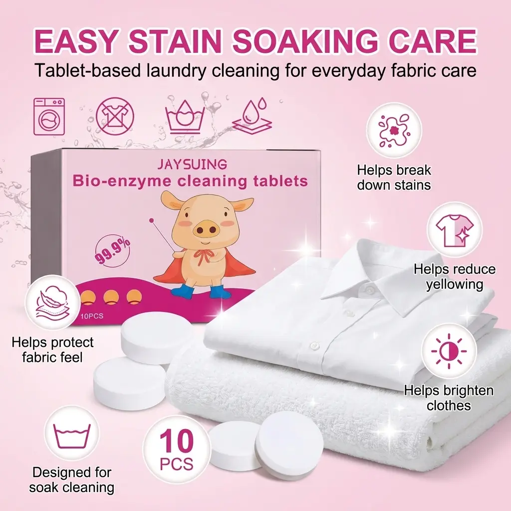 Enzyme Oxygen Laundry Stain Remover Tablets, Effervescent Cleaning Tabs for Yellowed Clothes, Coffee Stains, Sweat Marks, Food Spills, Dirt, Grime, Brightening Care, Laundry Booster, Washer Cleaning Additive and Daily Fabric Stain Care Use