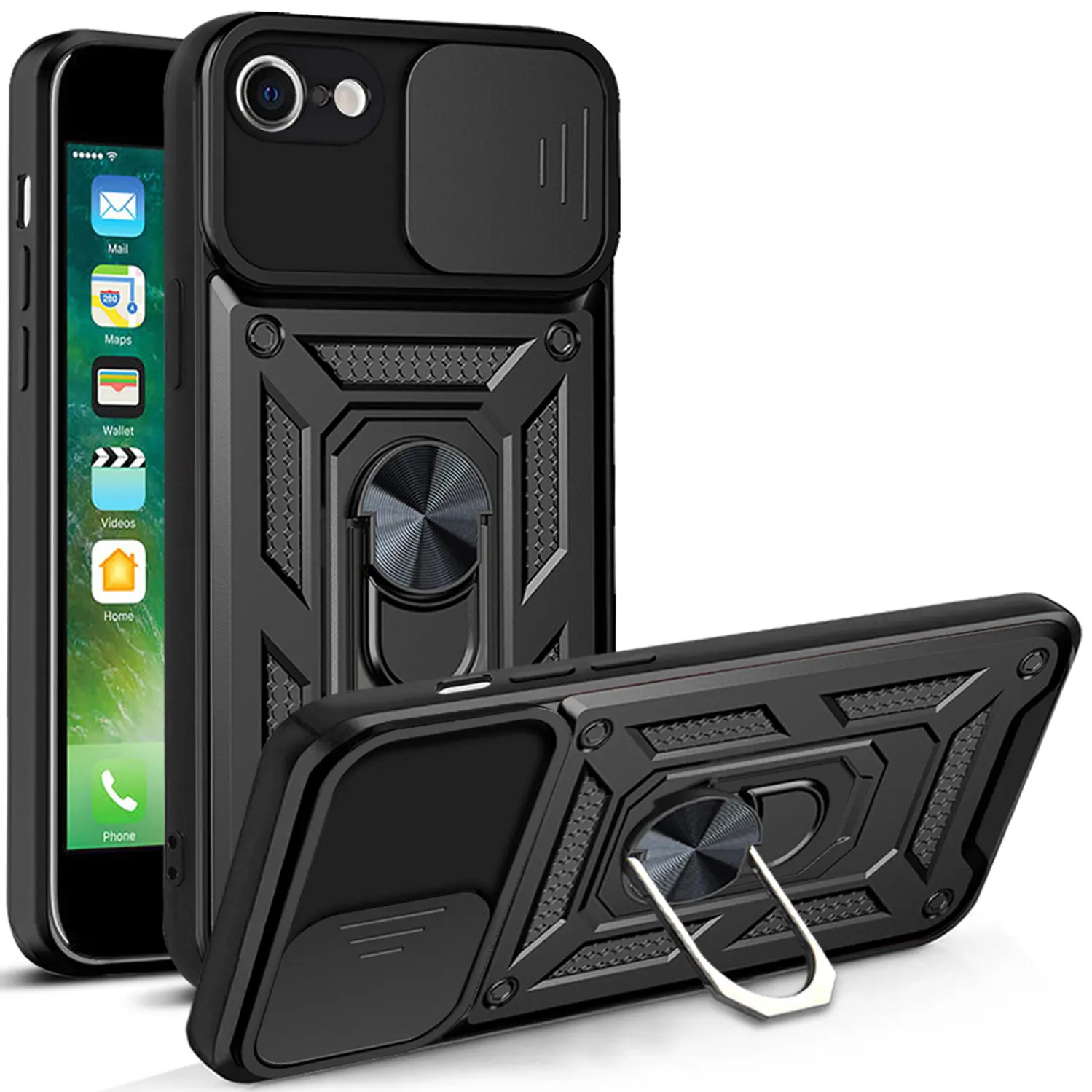 Case Protective for iPhone 7/iPhone 8/iPhone SE 2022/iPhone SE 2020, Non-Slip Metal Ring Stand, 360° Rotating, Dual Layer Protection, Shockproof, Dust-Proof Lens Cover, Solid Color for iPhone 7/iPhone 8/iPhone SE 2022/iPhone SE 2020 Case