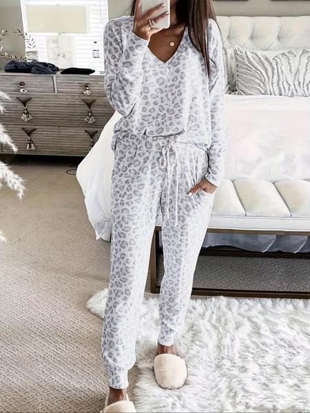 Women's Leopard Print Long Sleeve Top & Elastic Waist Butterfly Cuffed Pants, Soft Comfortable Knit Loungewear Pajamas Set for All Seasons, Casual Homewear for Women