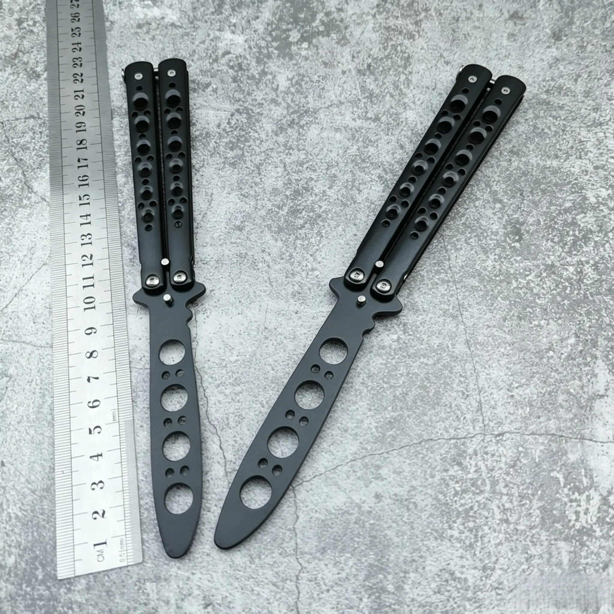 Black Stainless Steel Butterfly Trainer, 10-Inch Foldable Unsharpened Practice Tool for Safe Flipping, Portable Skill-Building Toy for Indoor & Outdoor Use