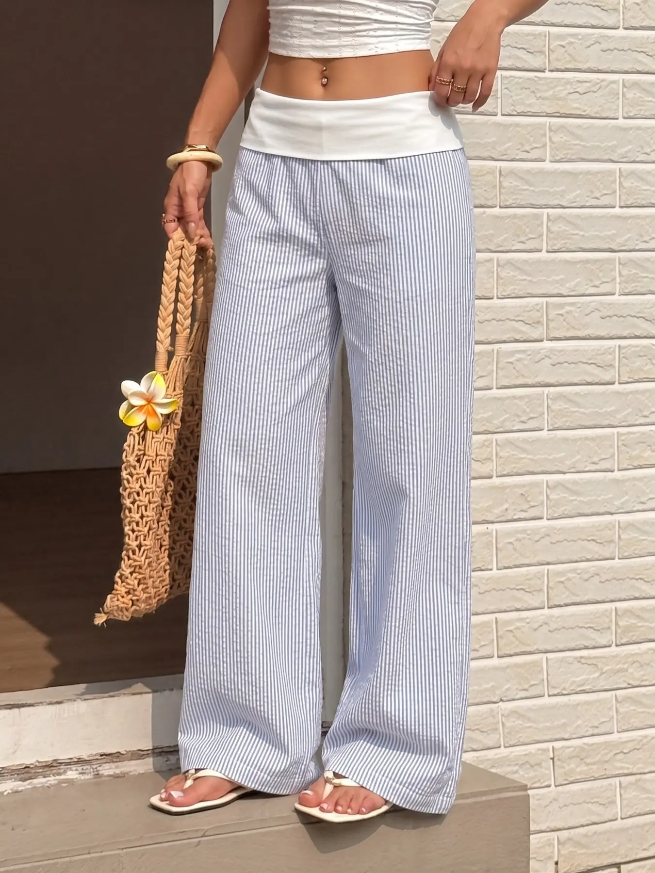 Women's Blue White Thin Striped Wide Leg All Seasons Trousers, Fold Over White Waistband Lightweight Seersucker Pants, Casual Summer Beach Daily Streetwear TikTok Viral Fashion Essential
