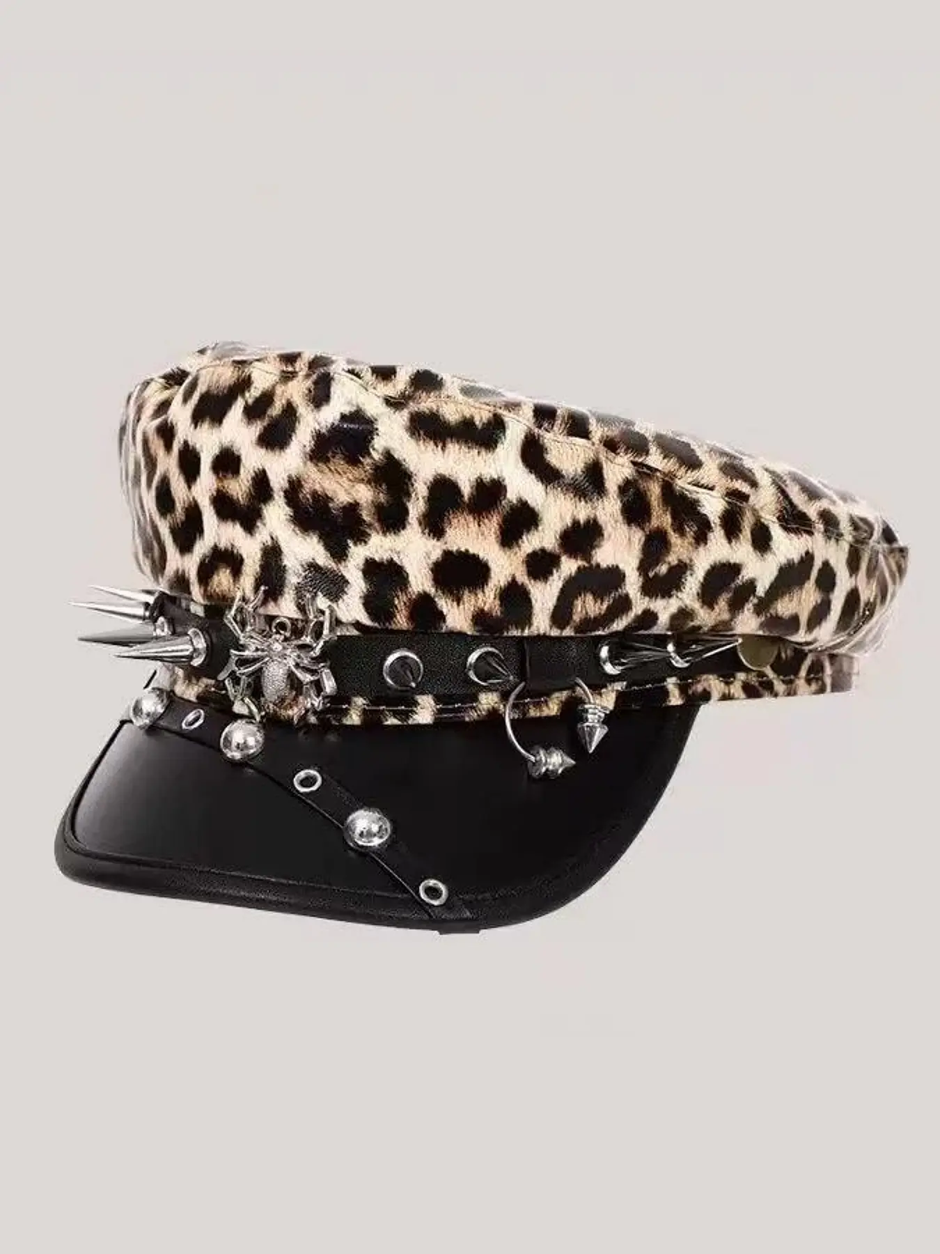 1 Piece Women's Punk-Style Leopard Print Spider Studded PU Leather Beret, Animal Hats, Fashion Clothing Accessory, Ideal for Daily Commute, Fashion Parties and Halloween, All-Season Wear