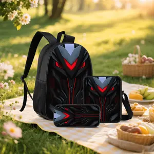 Red-Eye Mecha Robot Mask Backpack Set, includes a crossbody bag and pencil case, dark sci-fi futuristic armor print backpack, suitable for tech enthusiasts, youth version