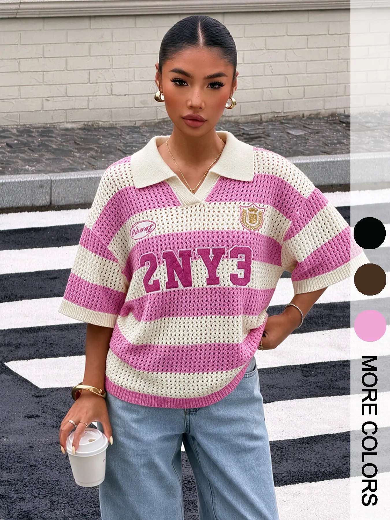 Early Autumn American College Style Striped Polo Neck Hollow Out Short Sleeve Knit Top, Loose Fit Shoulder Drop Sweatshirt